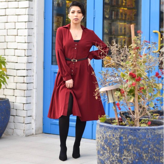 فستان عنابي بأكمام طويلة - 219